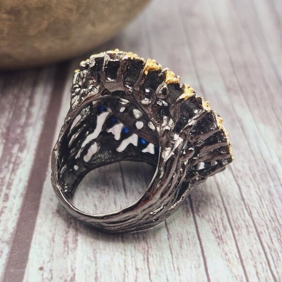 Blue Topaz Encrusted Sunflower Floral Statement 925 Silver Multi Ring Sz. 6.5 - Picture 8 of 9